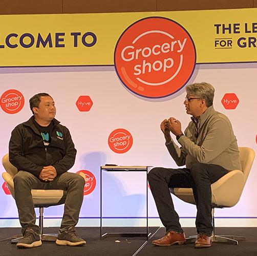 Larry Liu (left), Weee co-founder and CEO, is interviewed by Vishwa Chandra, McKinsey & Company partner, at Groceryshop 2021. 