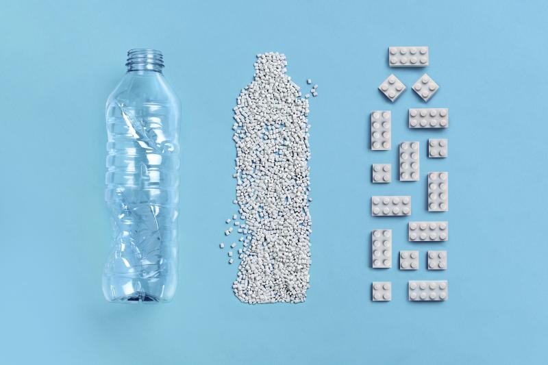 A one-liter plastic PET bottle provides enough raw material for about 10 2-by-4 Lego bricks.