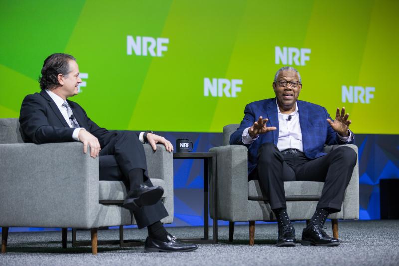 John Furner, President and CEO, Walmart U.S., James Cash, PH.D., James E. Robison Professor & Senior Associate Dean, Emeritus, Harvard Business School; Credit: NRF, Jason Dixson Photography